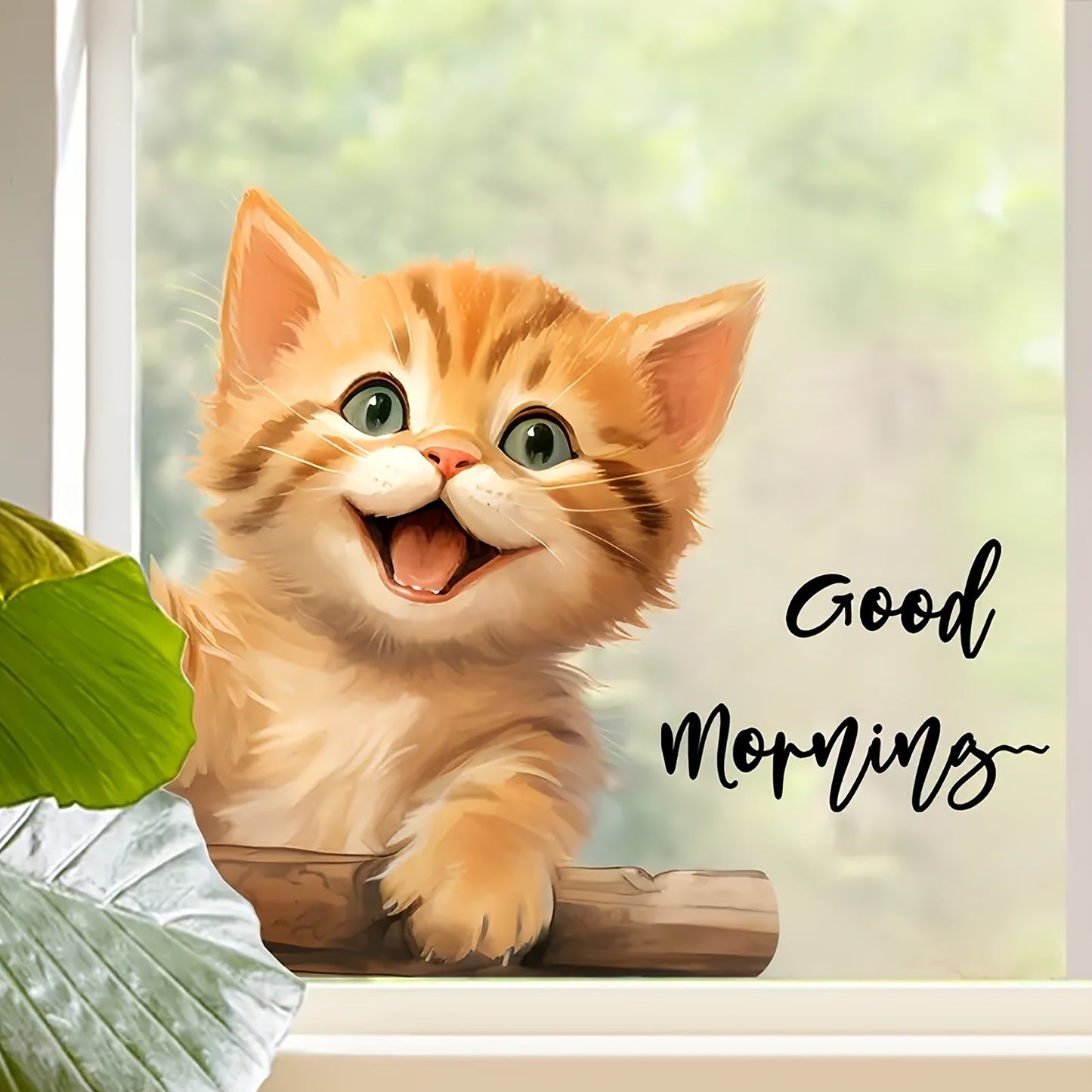 Eclectic Style Cat Window Sticker with Animal Print, Self-Adhesive Polyvinyl Chloride Material, Reusable Glossy Finish, Decorative PVC Film for Toilet, Glass, and Windows - "Good Morning" Kitty Decal, 1 Piece