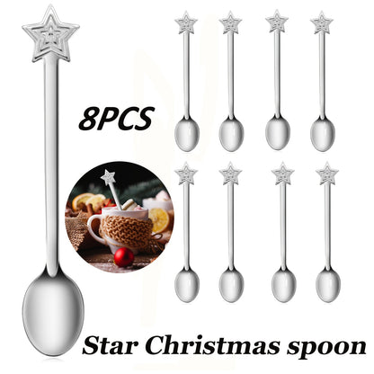 Set of 8 Stainless Steel Christmas Spoons with Star Design - Ideal for Serving Coffee, Tea, Soup, and Desserts During the Holiday Season