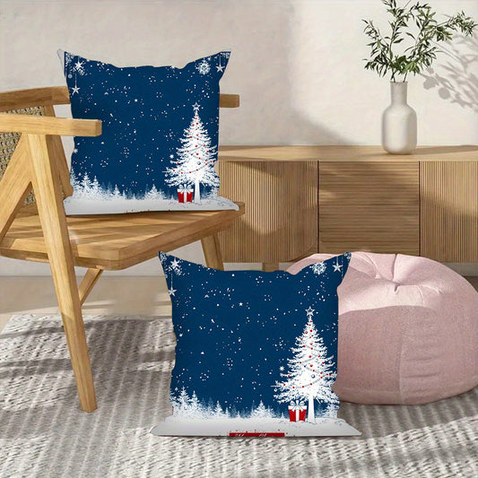 Two pieces of Blue Merry Christmas throw pillow covers, measuring 45.72x45.72 cm each. Made of soft polyester fabric, these square cushion cases are suitable for the living room, bedroom, or car. Pillow cores are not included, and the covers are machine