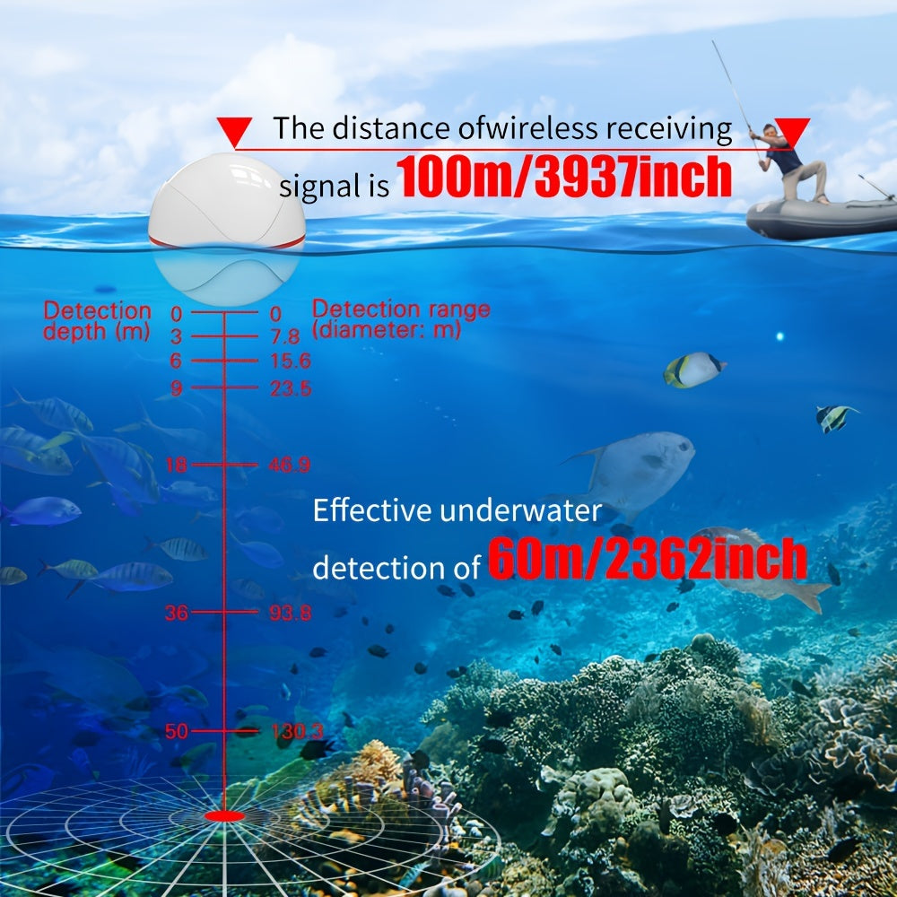 Erchang F13 Wireless Fish Finder Sonar with 60.96m range, rechargeable battery, LCD display, portable for various fishing environments in white and red design. Features fish location