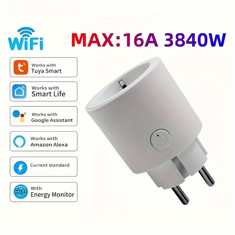 1pc Mini Smart WiFi Socket with TUYA App Remote Control, Alexa, Google Home, Voice Control, Timer,16A 3840W, European Standard Plug Type-F, 2.4GHz WiFi Only