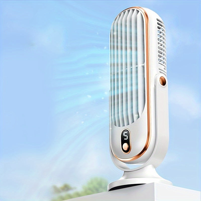 The 1pc Portable Mini Tower Fan is equipped with 5 speed settings, a rechargeable 1200mAh lithium battery, and USB charged wireless operation. Ideal for both indoor and outdoor use, this plastic table fan features a cord and button control for personal