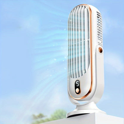 The 1pc Portable Mini Tower Fan is equipped with 5 speed settings, a rechargeable 1200mAh lithium battery, and USB charged wireless operation. Ideal for both indoor and outdoor use, this plastic table fan features a cord and button control for personal