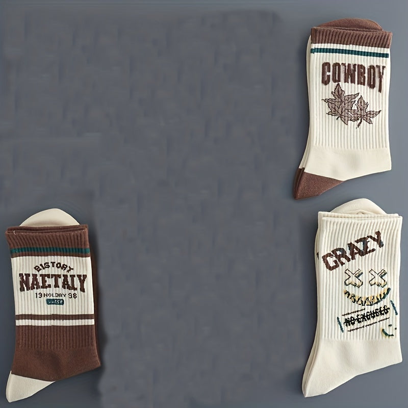 5-pack men's socks with vintage American style, comfortable and breathable. Made of a cotton blend with polyester and spandex. Hand wash only. Features a letter pattern, knit fabric, and