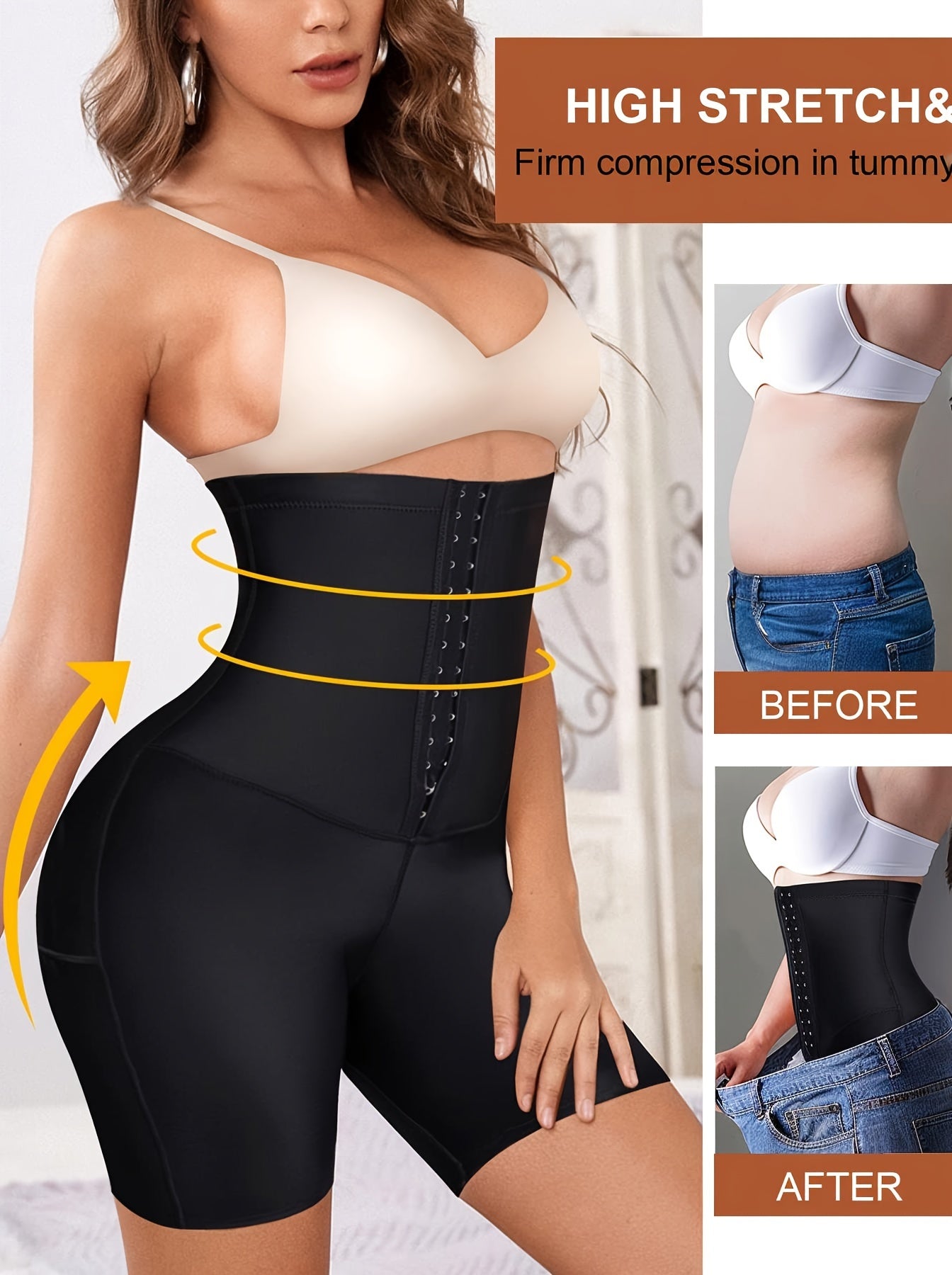 High waist compression shorts with front buckle for tummy control.