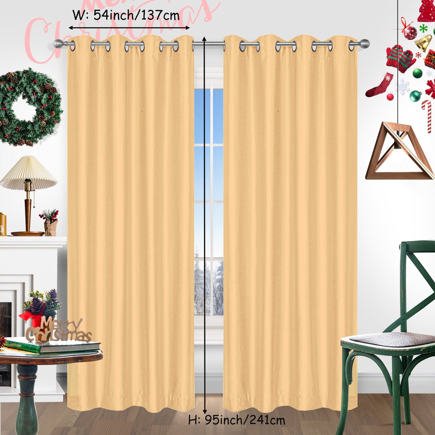 Add a festive touch to your space with 2 pieces of red Christmas curtains. These curtains are made of faux silk with a grommet top design, providing both style and functionality. Perfect for living rooms, bedrooms, offices, kitchens, and studies, these