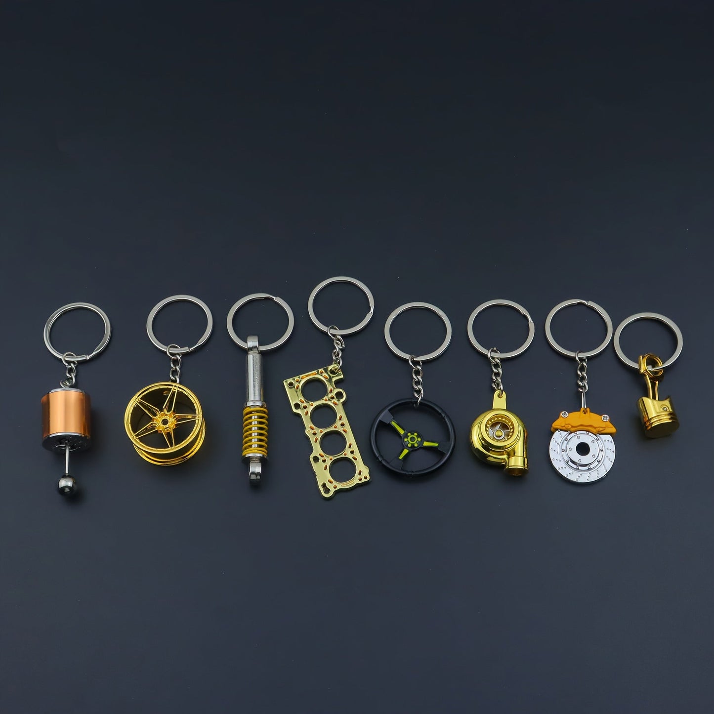 Car Enthusiast Keychain Set - 8 Pieces of Sleek Black Zinc Alloy Keychains, Showcasing Engine Components and More - Ideal Gift for Men