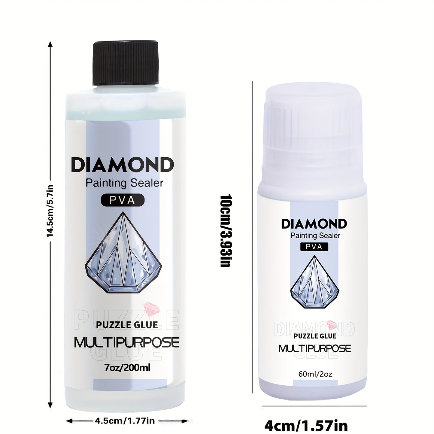 Diamond painting sealer with 3 brushes for permanent hold & shine effect on 5D diamond painting and puzzles, available in 60ml or 200ml.