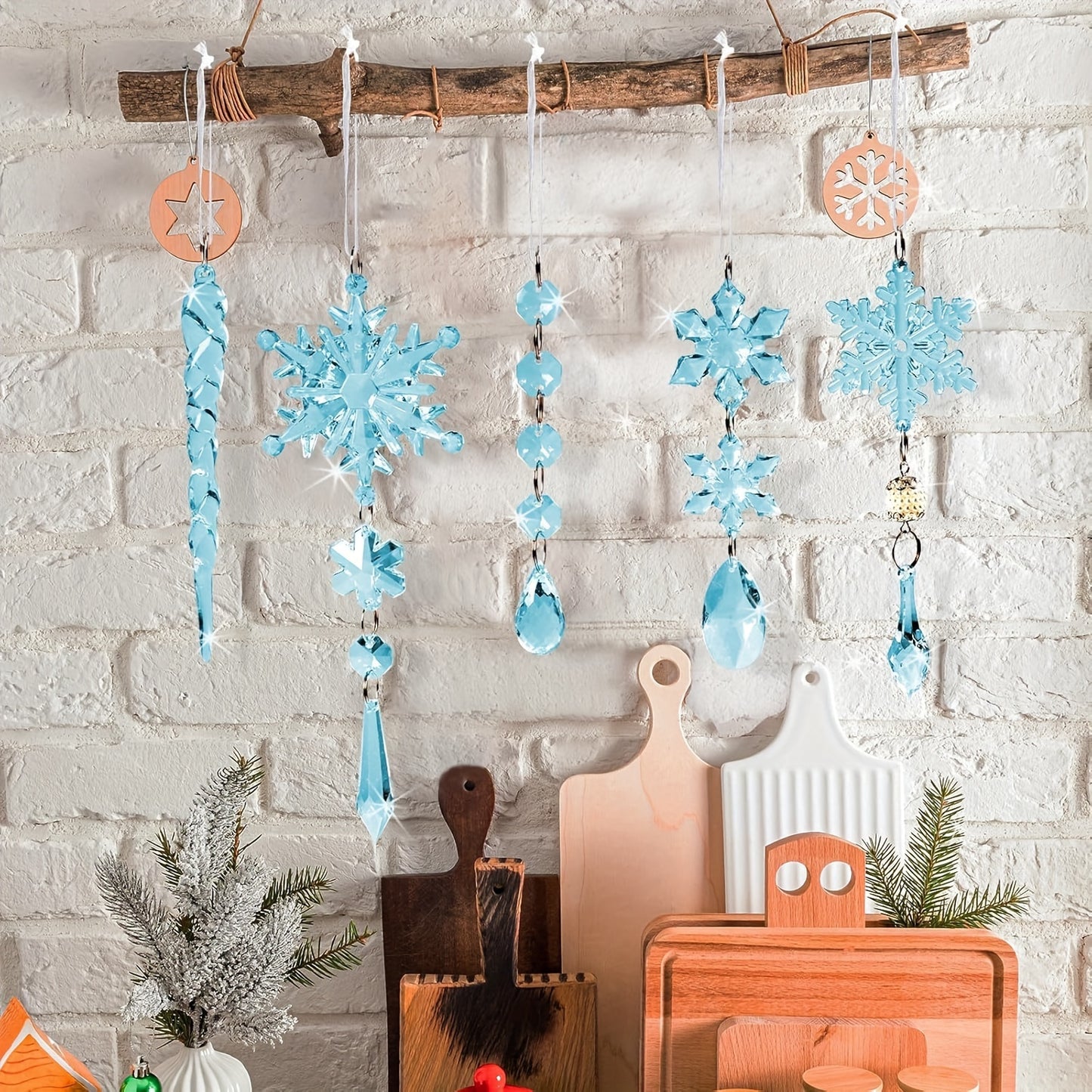 18 Christmas decorations including acrylic snowflakes and icicles with crystal pendants, light blue holiday ornaments that do not need electricity, perfect for Christmas, New Year, and seasonal celebrations as tree ornaments.