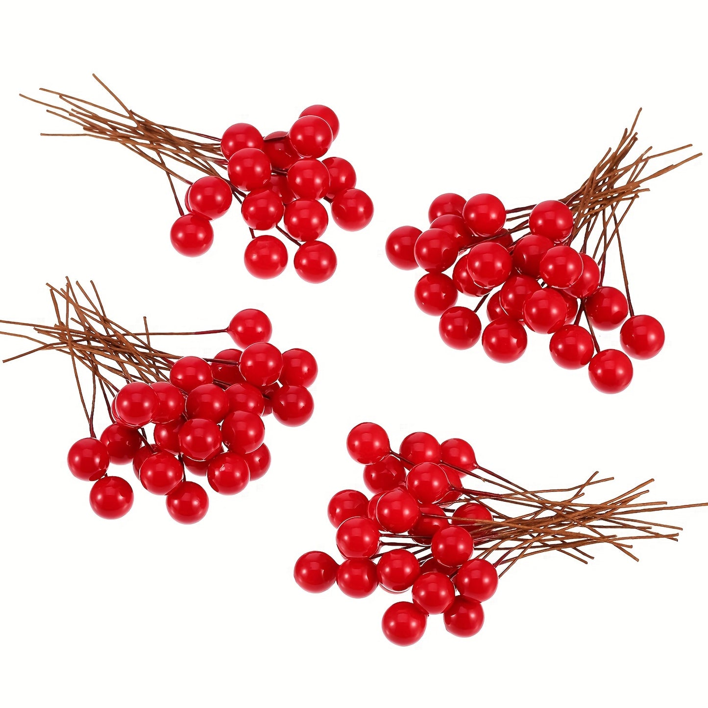 100pcs Artificial Holly Berries Stem for Christmas and Chinese New Year decorations. Perfect for tree decor and flower wreath crafting.