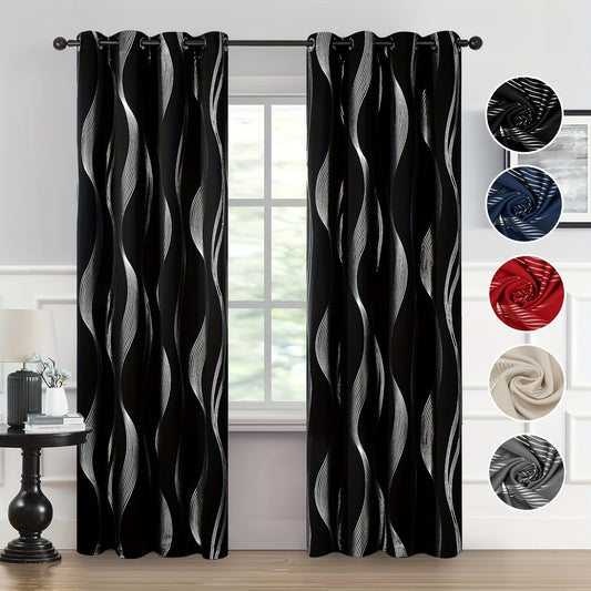 Two pieces of contemporary blackout curtains made from high-quality woven polyester, featuring a grommet top design for easy hanging. These room darkening drapes are machine washable and showcase a fantasy stripe pattern with eyelet detailing. Suitable