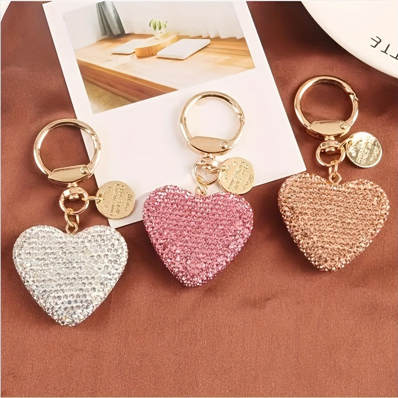 Valentine's Day Gift Set: Heart-Shaped Rhinestone Car Keychain, Resin Love Heart Earphone Case Charm, and Metal Tag Bag Accessory perfect for Women.