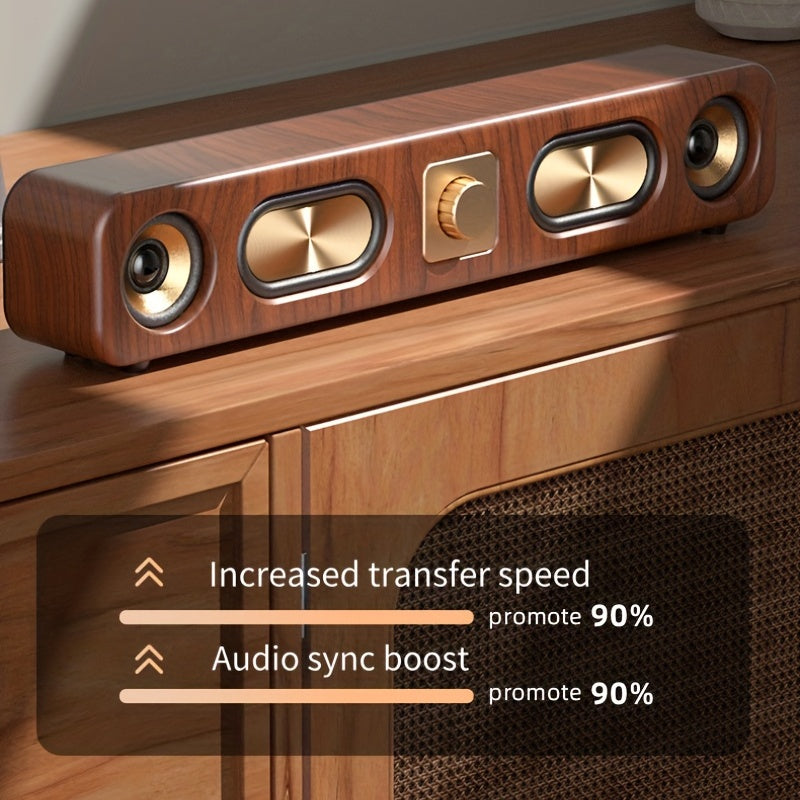 Portable wireless speaker with dual speakers, enhanced bass, rechargeable battery, wood grain design - perfect for parties and gifts.