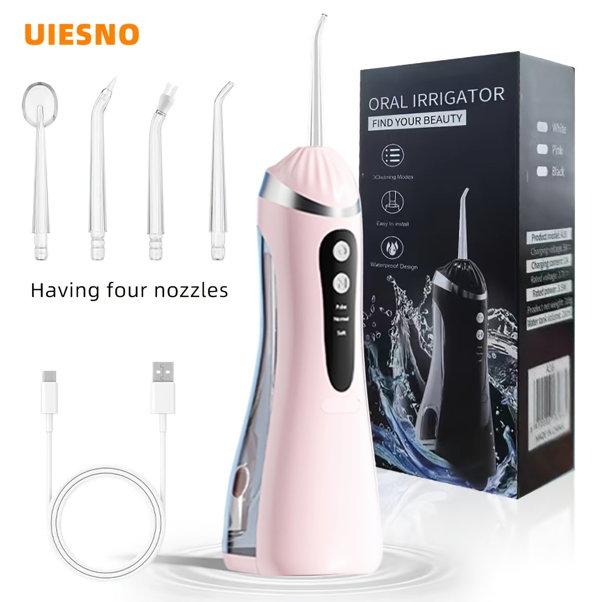 Wireless portable electric water flosser with 3 modes, large water tank. Comes with 1 main unit and 4 nozzles. Ideal for home or travel use.