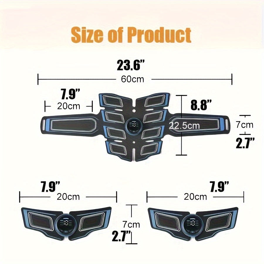 JUMPER EMS Stimulator Belt with rechargeable lithium battery in black and blue. Ideal for abdominal, arm, and leg workouts at home or office for muscle relaxation. Adjustable strap for