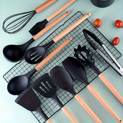 12-piece silicone cooking utensil set with non-stick spatula and spoon, featuring lightweight wooden handles for baking and cooking.