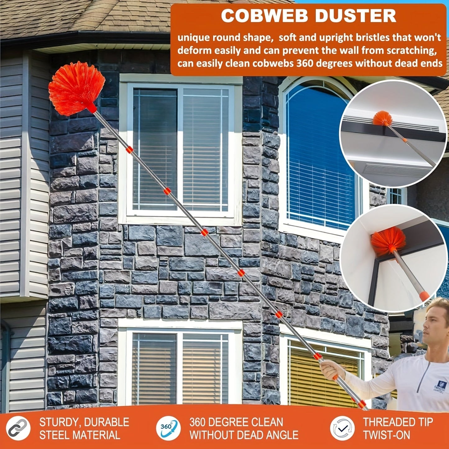 Introducing the FACOOW Telescopic Duster Kit, reaching up to 20 feet with its 91.44-426.72cm extension pole. This kit features a stainless steel handle and requires no electricity, making it perfect for high ceiling dusting, window cleaning, and more.