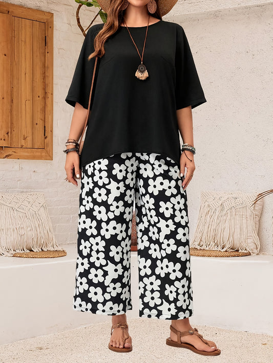 Plus size casual pants set with crew neck top and floral print pants for spring and summer. Women's plus size clothing.