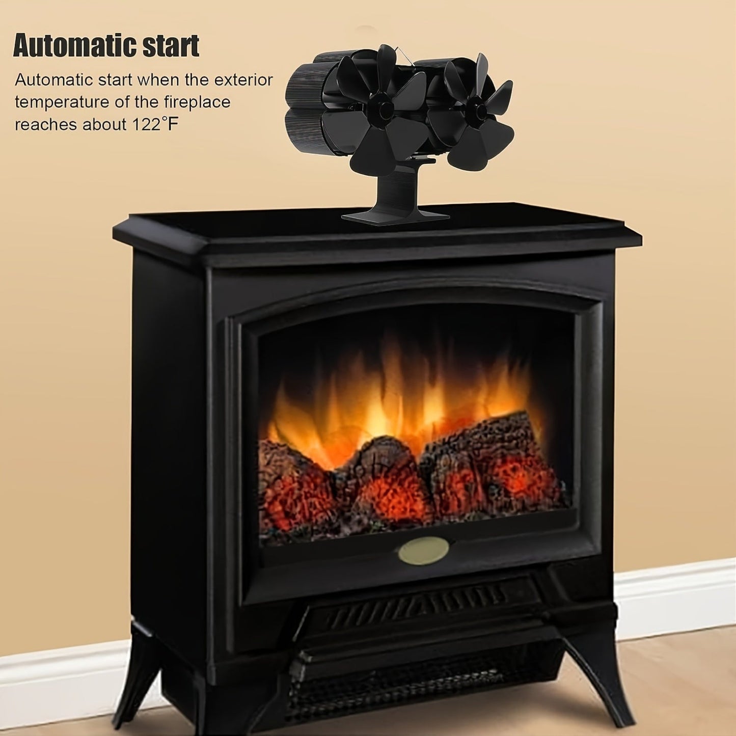 Dual motor portable wooden fireplace fan with 12-blade thermal activation for non-electric, gas, electric, pellet, and wood burning stoves. Made of metal, this accessory provides efficient air circulation for home heating and cooling.