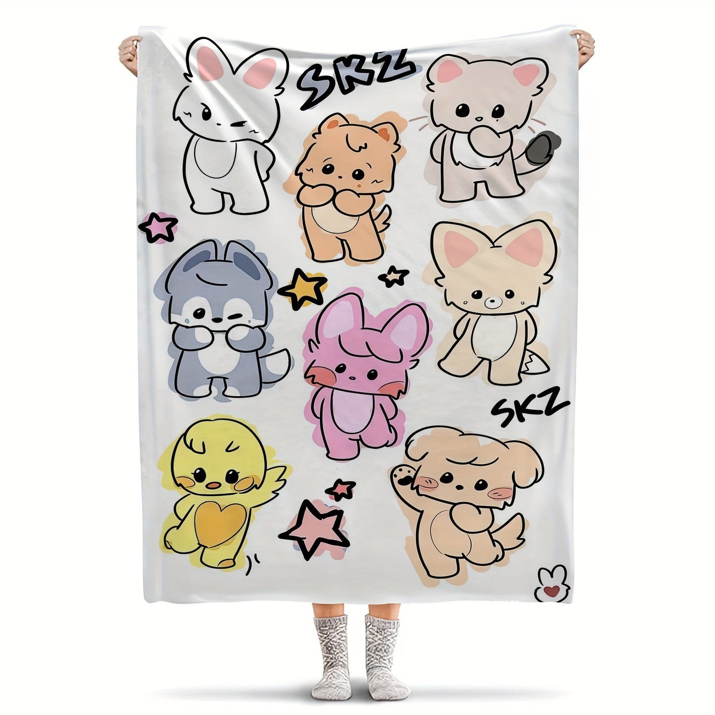 Soft flannel throw blanket featuring adorable K-POP Idol design, suitable for all seasons, easy to clean in washing machine. Stay cozy in style!