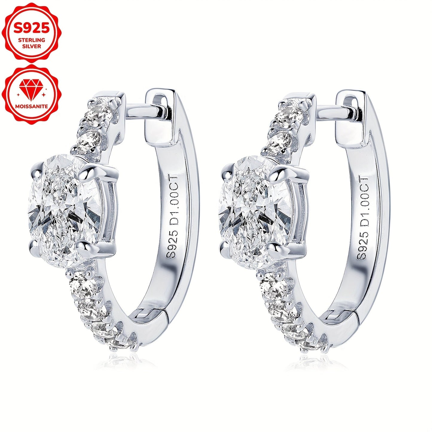 These stunning earrings feature a pair of Moissanite stones set in 925 pure silver. The oval-shaped Moissanite stones measure 5x7mm each, with a total weight of 3.18g. The main stones are Moissanite ovals measuring 5x7mm each, totaling 1ct+1ct=2ct per