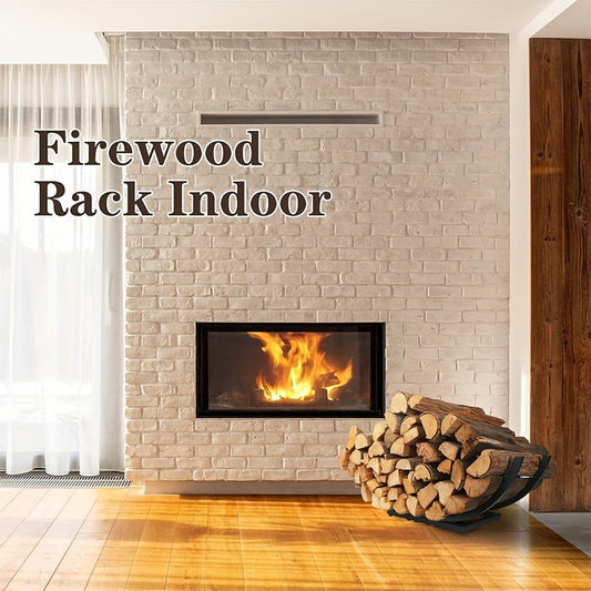 Metal firewood rack with curved design, perfect for storing firewood indoors. Made of steel, this log holder is ideal for fireplaces, fire pits, patios, and more. It has a large capacity, is rust resistant, and features a non-tipping structure.