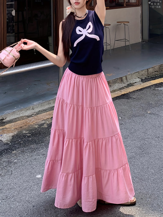 Stylish white French long skirt with elastic waistband, slimming A-line design, non-transparent lining, perfect for women.