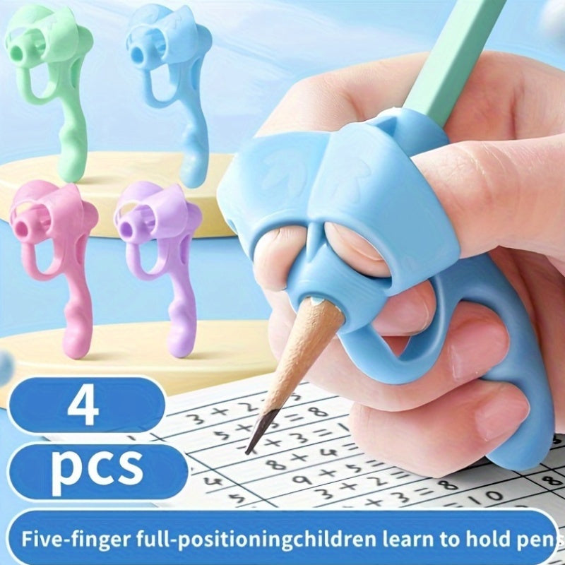 Writing corrector set with soft rubber grip for improving handwriting posture.