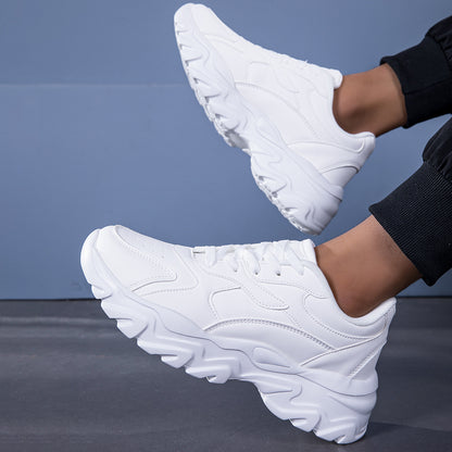 Men's White Chunky Sneakers with low top lace-up design, PU upper, fabric inner & insole, EVA sole for running and casual wear, cushioned and trendy, textured fabric shoes.