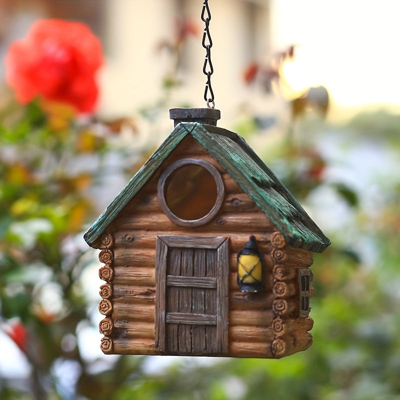 Wooden birdhouse with LED lights, ABS resin crafted, outdoor garden decor, winter nest for birds, hanging ornament.