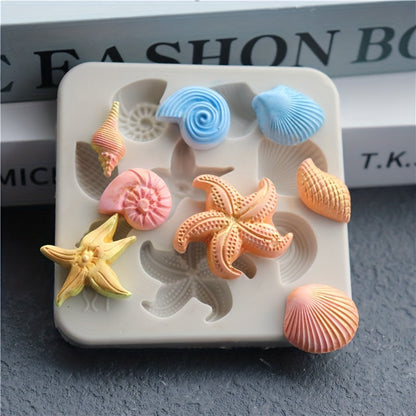 Silicone Mold Set for Chocolate and Fondant Featuring Ocean Designs - Starfish, Seashells, and Conch - Perfect for DIY Cake Decorating and Crafting with Vibrant Sea Life Patterns