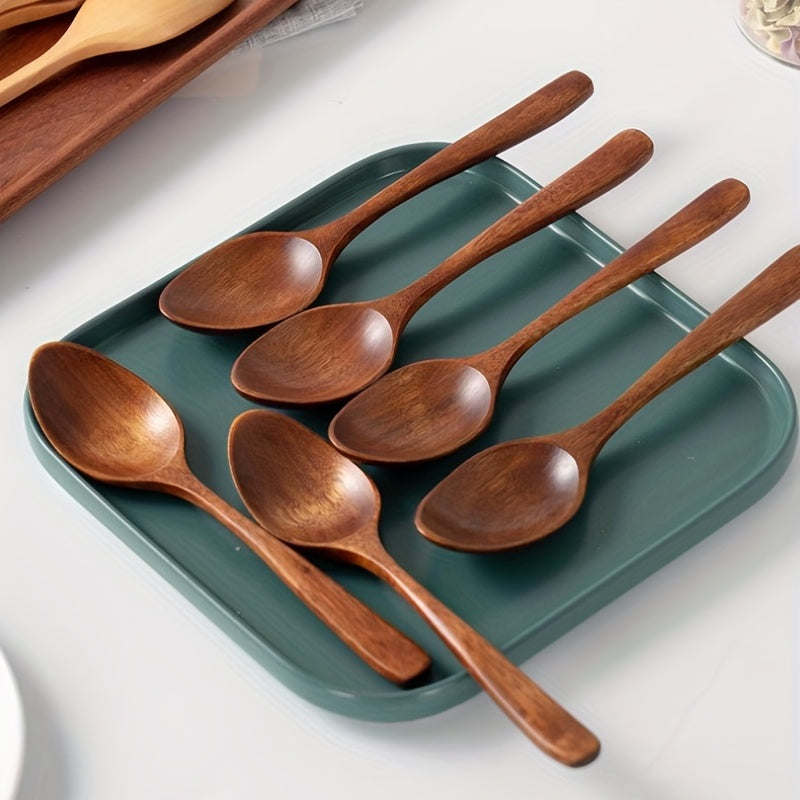 Set of 3 or 6 small wooden eating spoons, 18.49 cm long, non-stick for mixing, stirring, and tasting. Great for tableware.