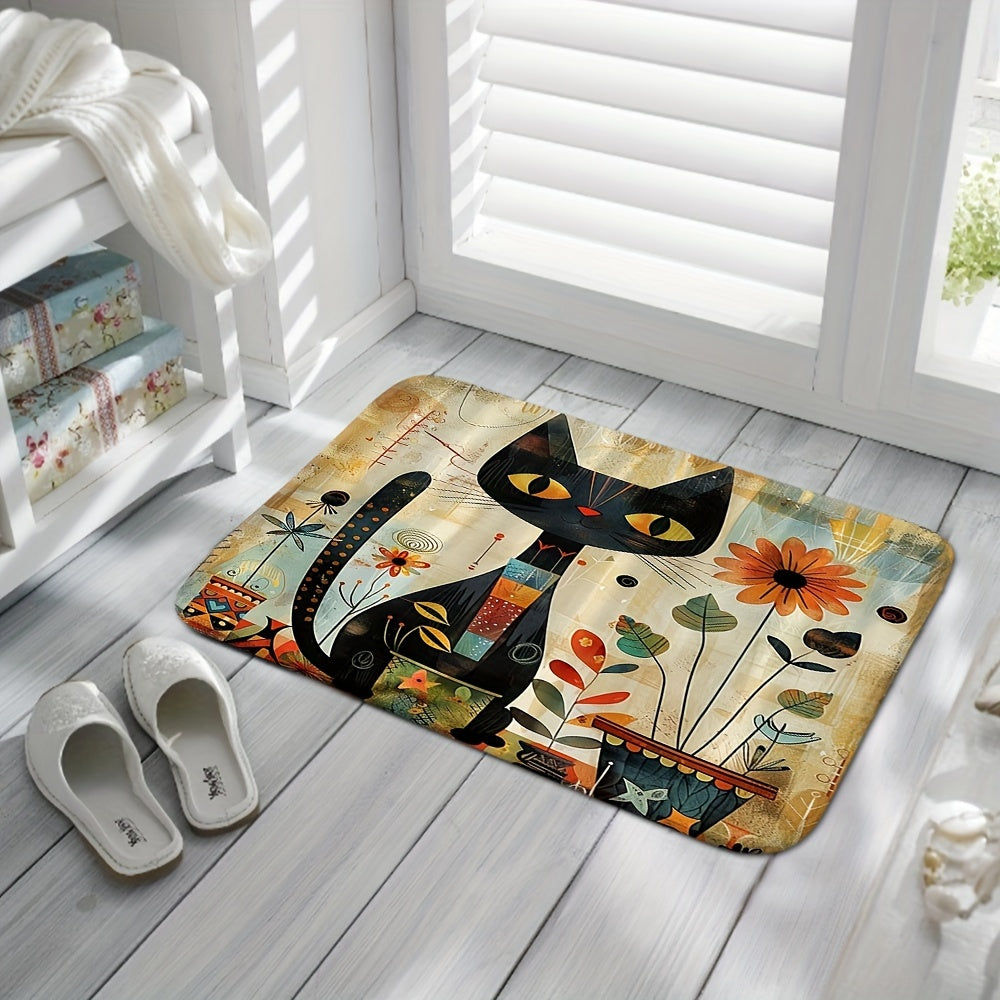 Set of three black cat sunflower floor mats for bathroom, including toilet cover, toilet mat, and absorbent door mat. Features non-slip design for safety and decorative purposes.