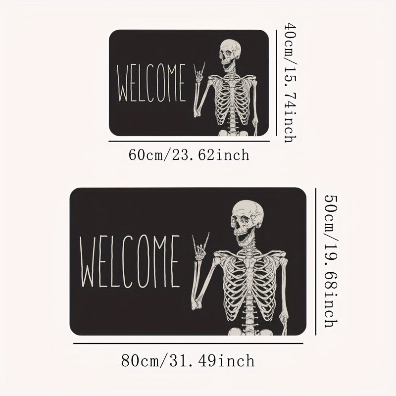 Welcome guests with this Halloween-themed Skull Doormat, designed for both indoor and outdoor use. This non-slip rug is easy to clean, stain-resistant, and low pile for safe and convenient use. Made of polyester and weighing under 700g/m², this festive