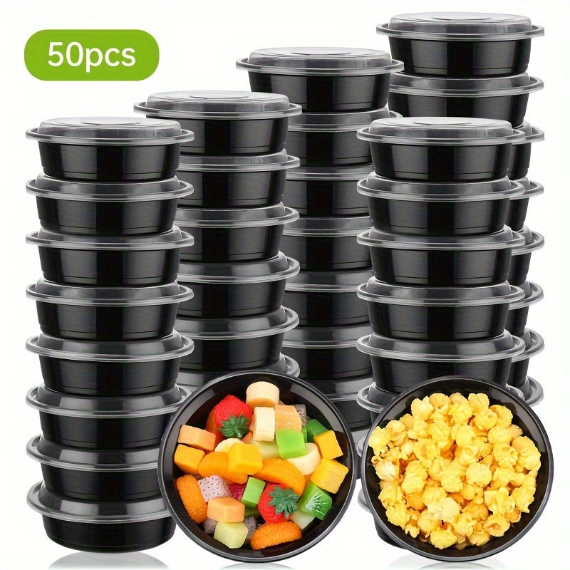 24oz plastic black bowls with lids available in packs of 10, 30, or 50. These round food storage containers are BPA free, stackable, and leakproof. They are microwave safe and perfect for storing leftovers or meal prep. A must-have kitchen gadget and