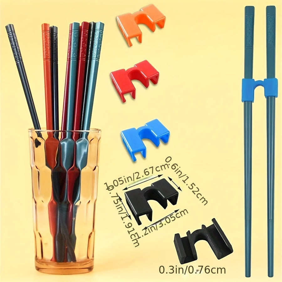 Set of 4 chopstick grip aids with interchangeable plastic connectors, ideal for adults, beginners, and learners. Dishwasher safe. Chopsticks not included.