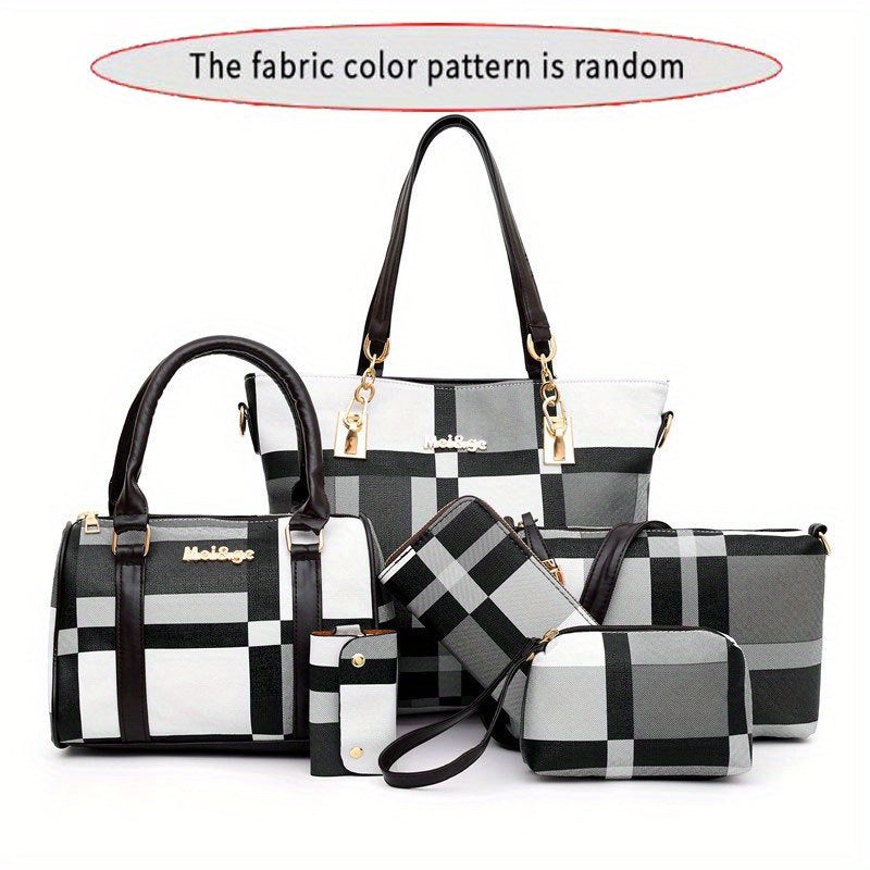 6-piece set of checkered pattern shoulder bags including a handbag, crossbody bag, clutch bag, long wallet, and short wallet.