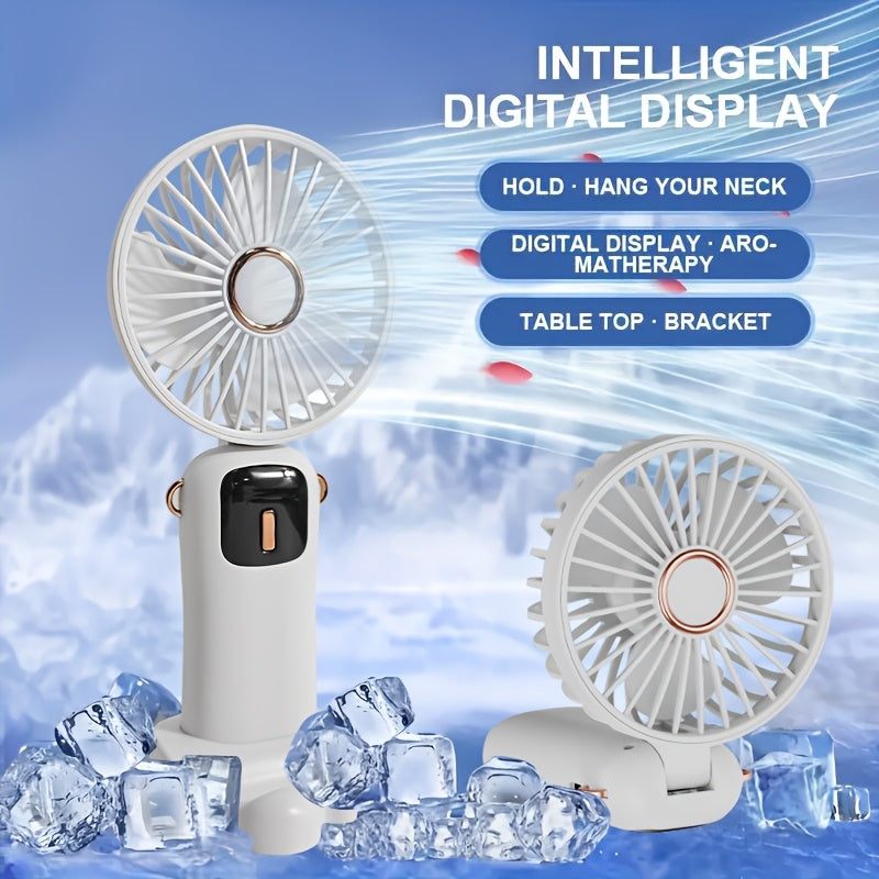 Introducing the ultimate portable mini fan - complete with an LED display and USB rechargeable capabilities. This handheld personal fan offers 5 adjustable speed settings and a foldable design for easy storage. Made of durable plastic, this