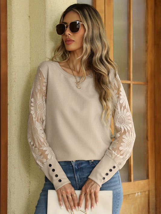 Elegant lace spliced T-shirt for women ideal for spring and fall.