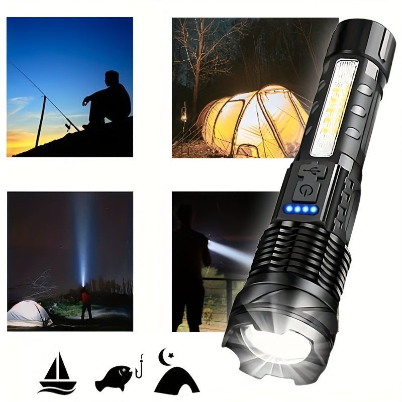 1pc Portable Camping Flashlight, USB Rechargeable LED Handheld Torch with Red-Blue Warning Light for Fishing, Adventure, Emergency, Hiking, Outdoor Searchlight.