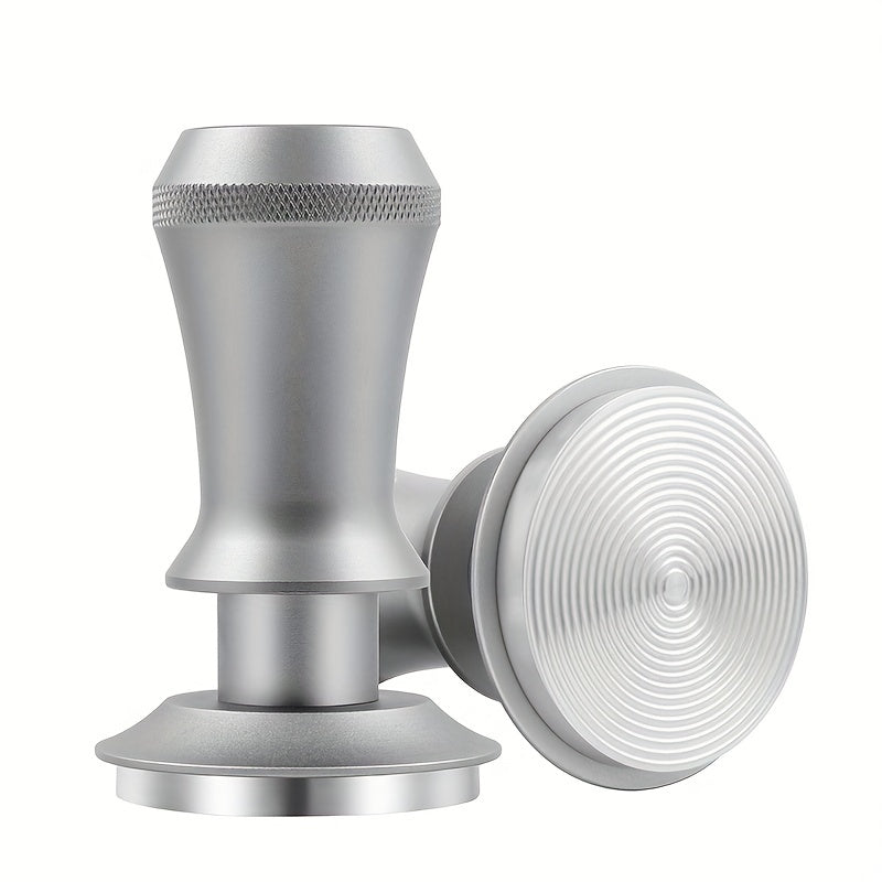 Coffee Tamper with 51/53/58mm Calibrated Size and Spring Loaded Design, Featuring Flat Stainless Steel Base in Black and Silvery Colors. Includes Two Springs for Firm and Even Tamping.