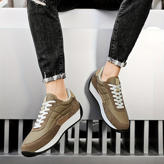 Stylish thick-soled olive green running sneakers with white accents, suitable for all seasons.