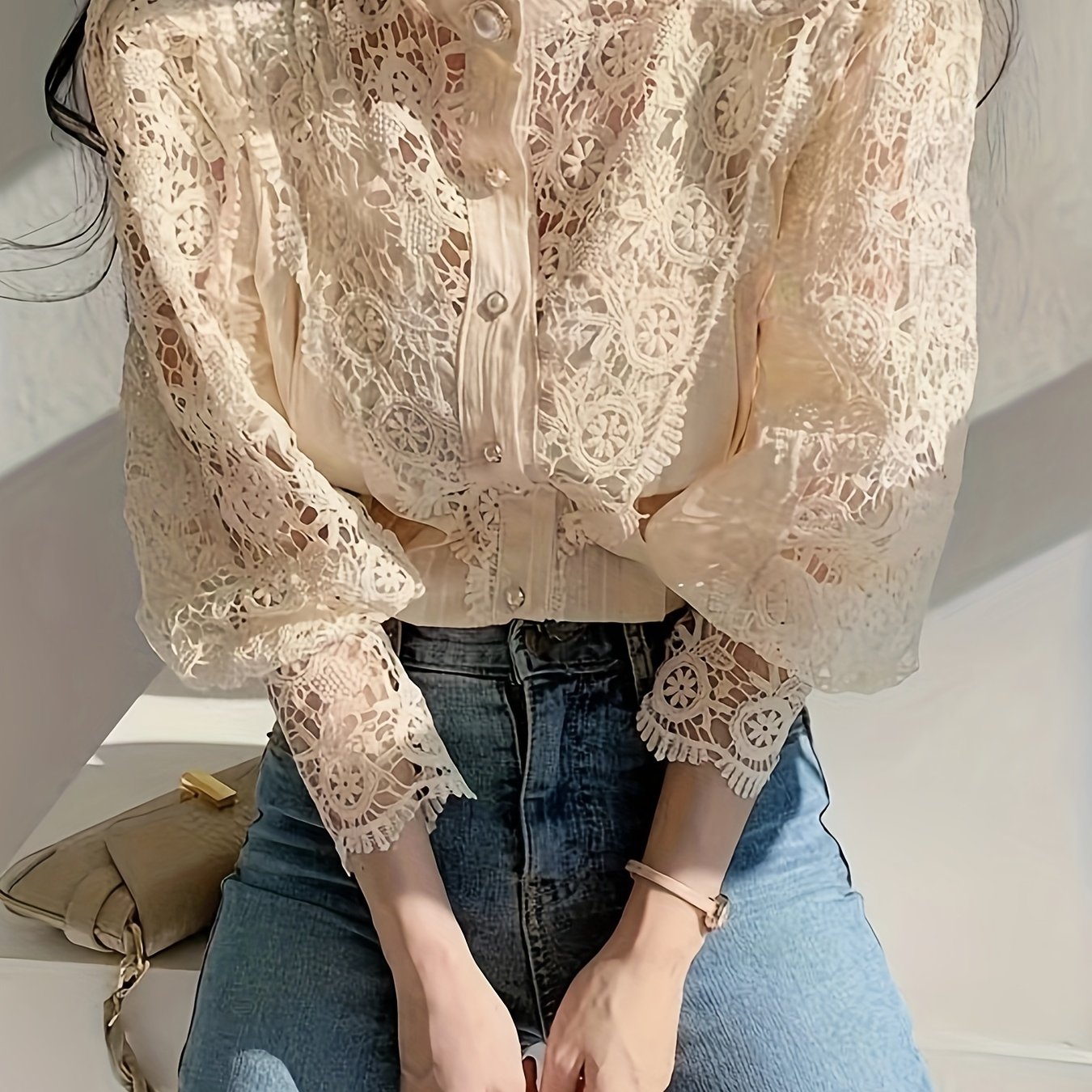 Spring and Autumn Lace Hollow Flower Panel Button Heavy Industry Long-Sleeved Standing Neck Shirt.