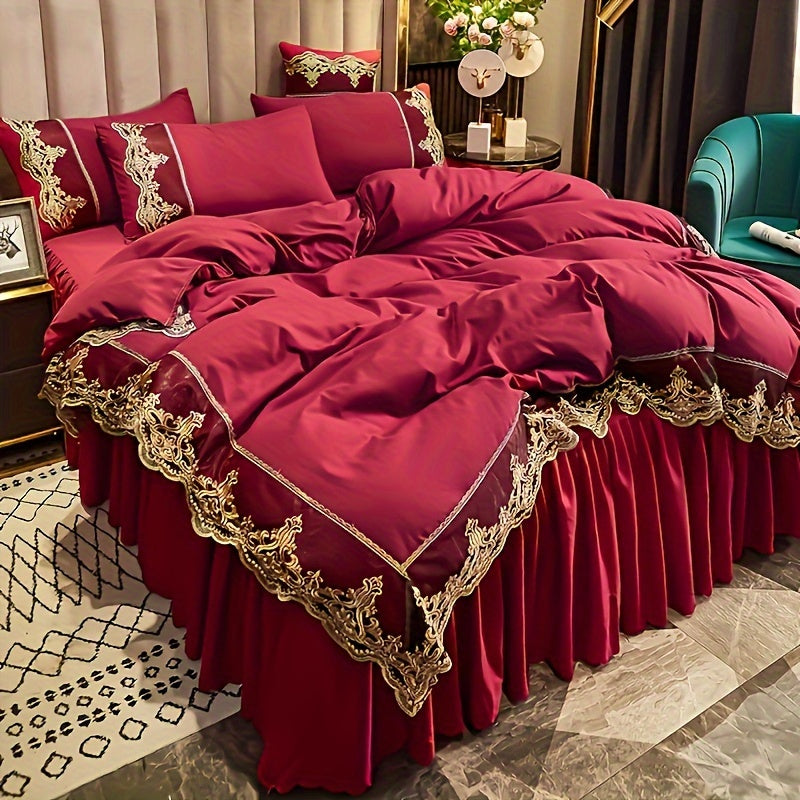 Lace bedding set in various colors with quilt cover and matching pillowcase. Available in two or three piece set.