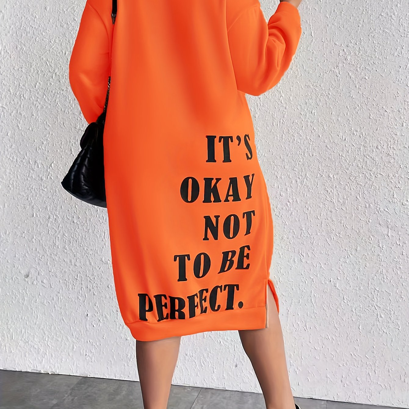 Plus Size Women's Slogan Print Casual Sweatshirt Dress with Long Sleeves and Side Split