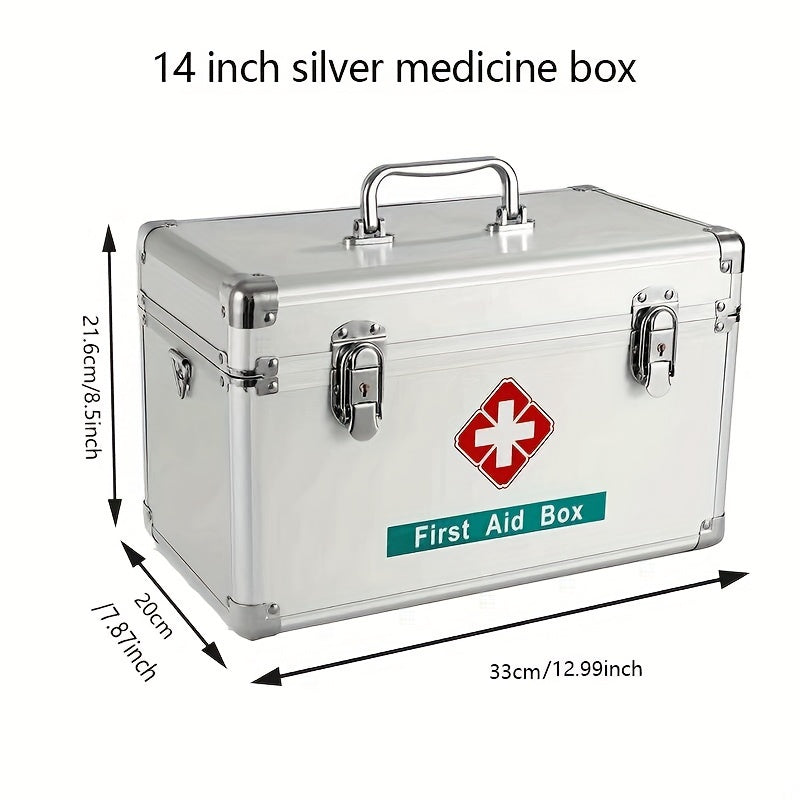 Portable aluminum first aid kit with multiple storage layers for indoor and outdoor use.