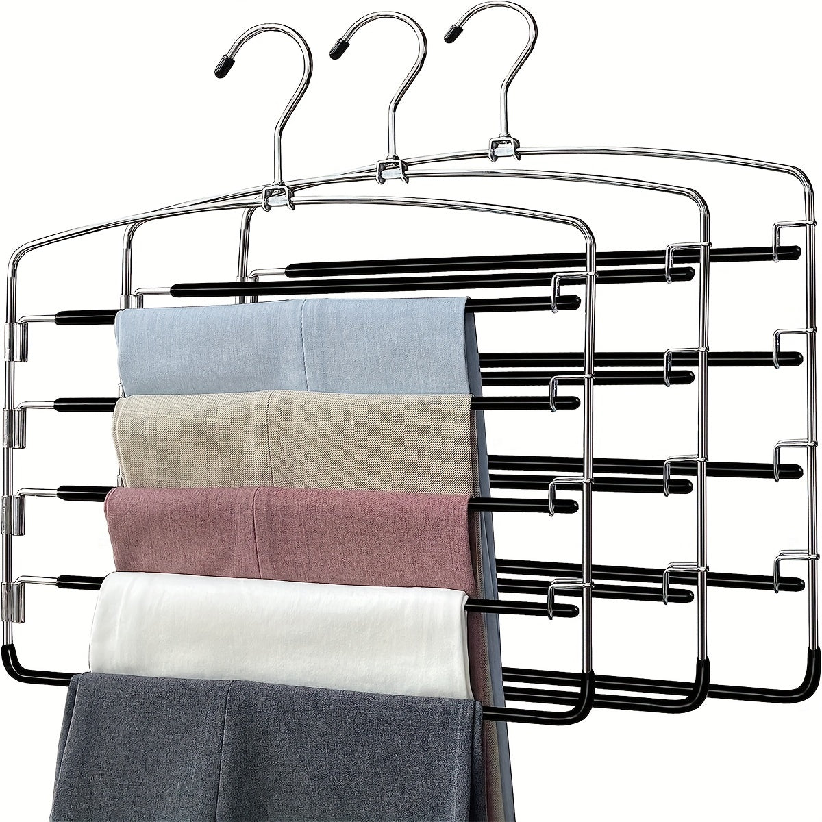 1 count of a 5-tier metal pants hanger with no-slip features, designed for durability and suitable for hanging ties, pants, and scarves. This household organizer saves space in closets, wardrobes, homes, and dorms.