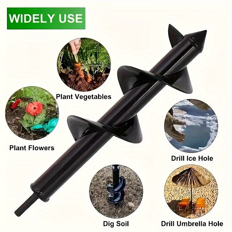 Durable steel auger drill bit with 3/8" hex shank for efficient gardening.