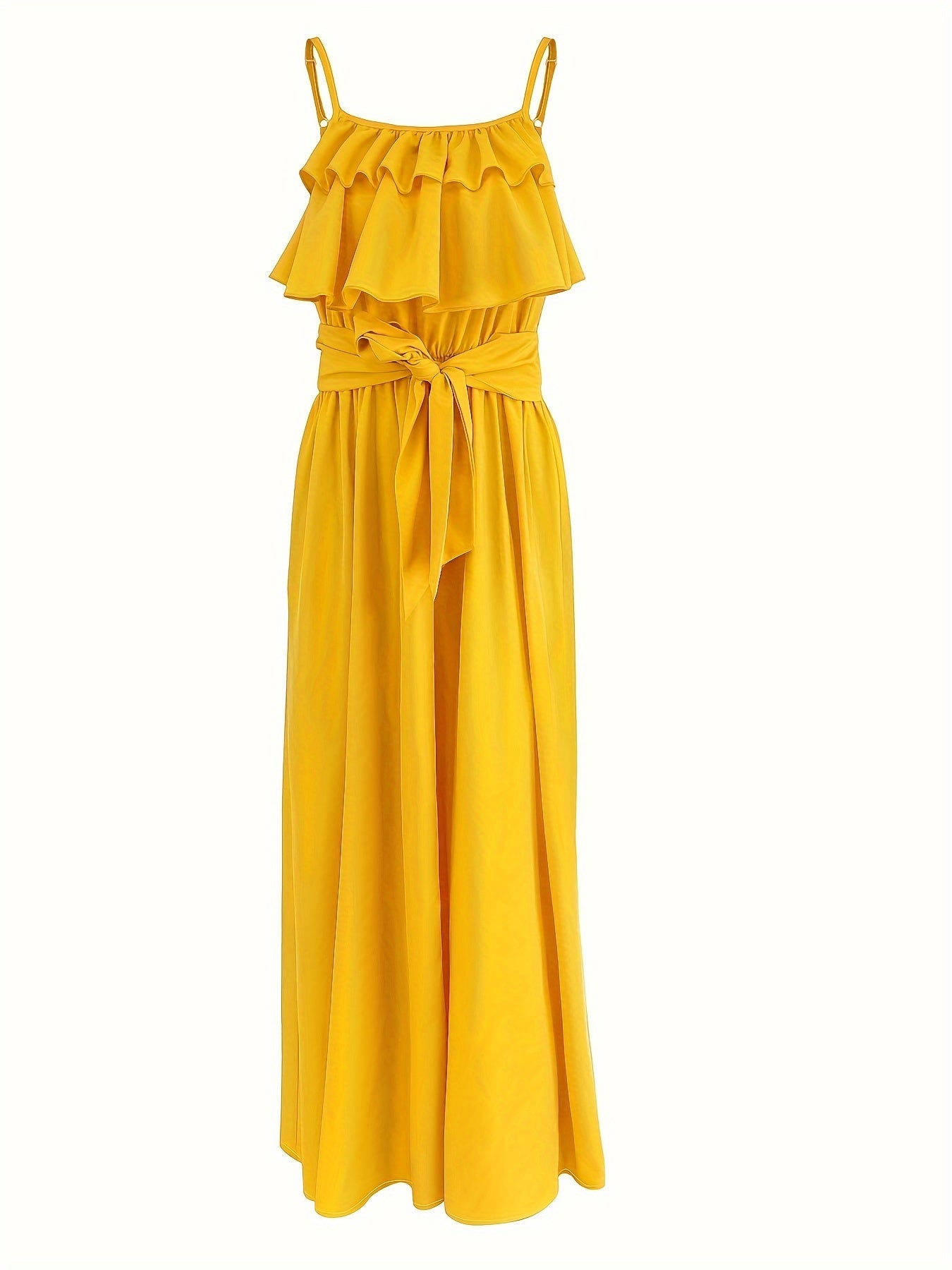 Sleeveless cami dress with ruffle trim and tie-waist strap, maxi length.