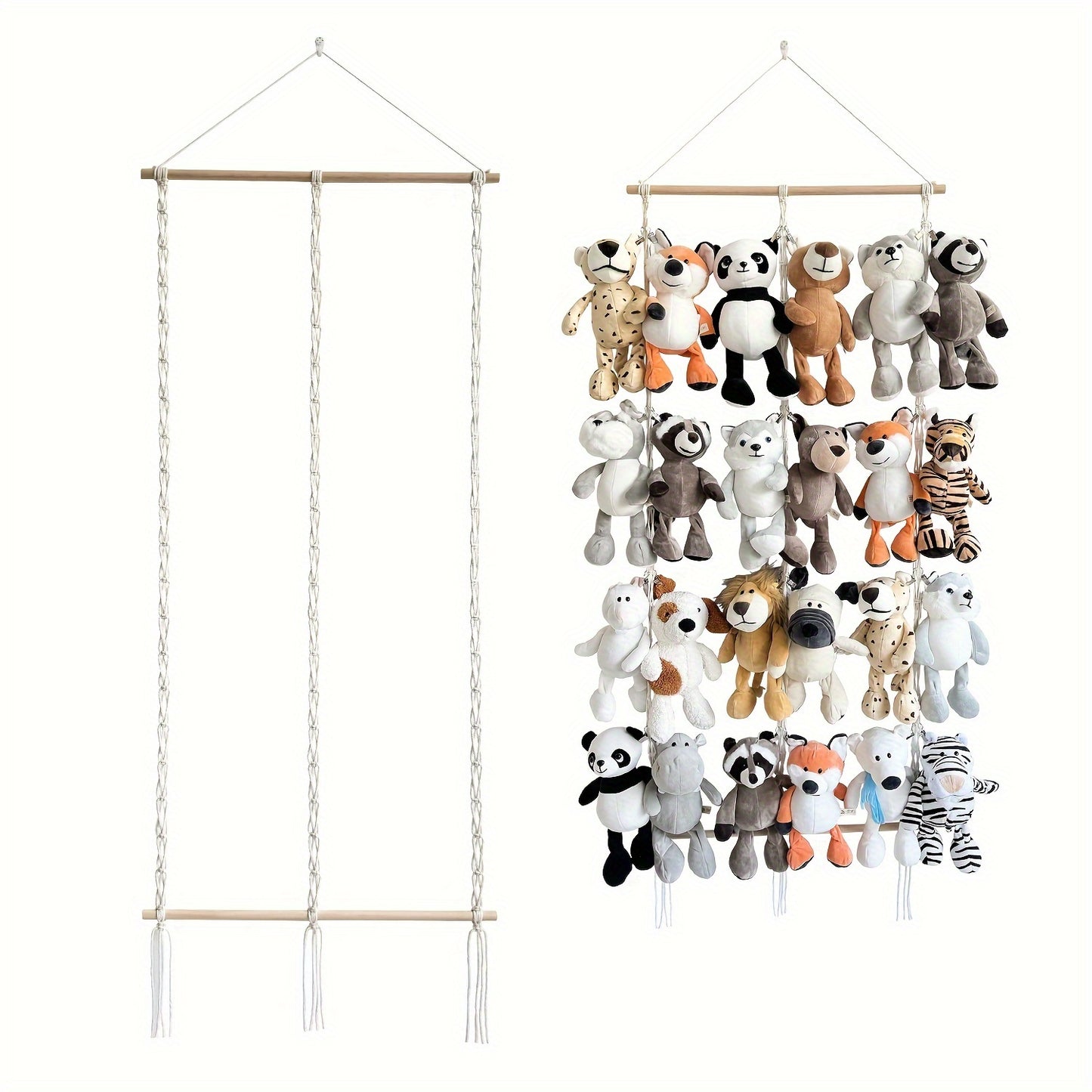 Handmade Bohemian plush toy storage rack with 26/40pcs capacity. Ideal for living rooms, bedrooms, and behind doors. Perfect holiday gift. Includes 2 hooks and clips.